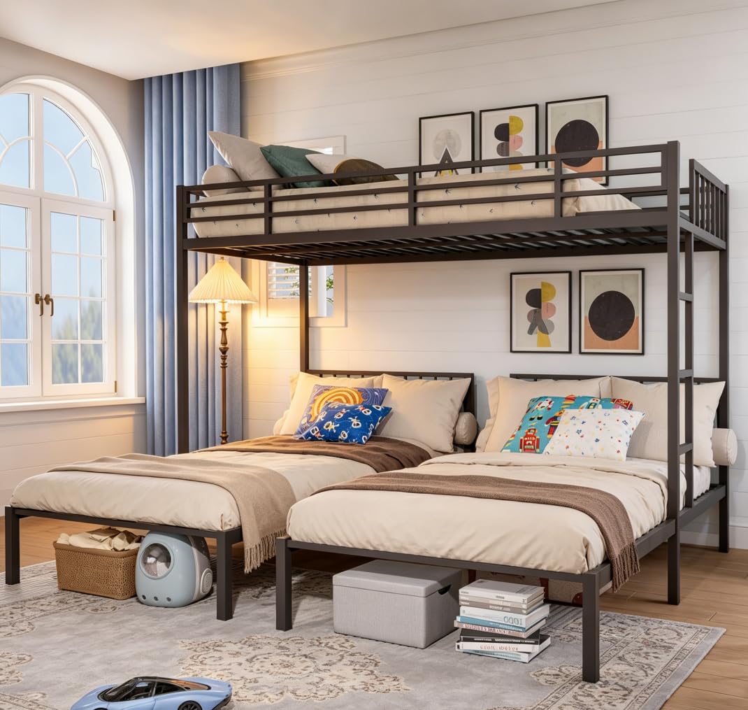 Bellemave Twin Triple Bunk Bed for Kids, Teens,Adults, Metal Twin XL Bunk Beds for 3, 3 bunk Bed for 3 Kids, Adults（Heavy Metal, Black）