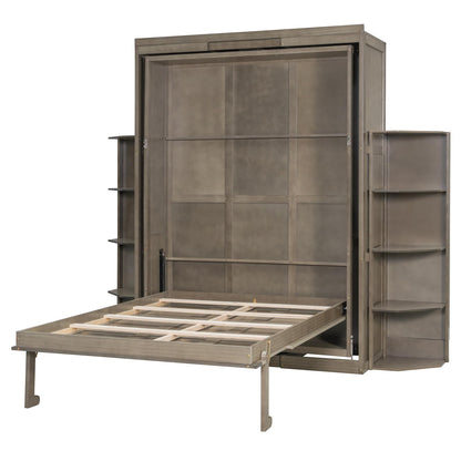 DNYN Rotating Queen Size Murphy Bed Frame with Foldable Desk and Hidden Wall Cabinet for Guest/Study Room, Space-Saving Foldable Wall Bed with Extra Storage Racks, No Box Spring Needed