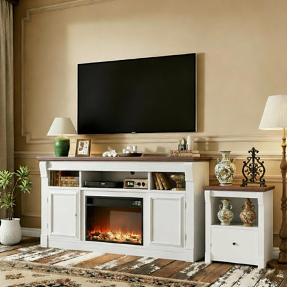 GAOMON 58 Inch Fireplace TV Stand, Wooden Entertainment Center with 36 Inch Electric Fireplace, 3D Realistic Flame, Farmhouse Media Console with Storage Cabinets for Living Room, White+Brown