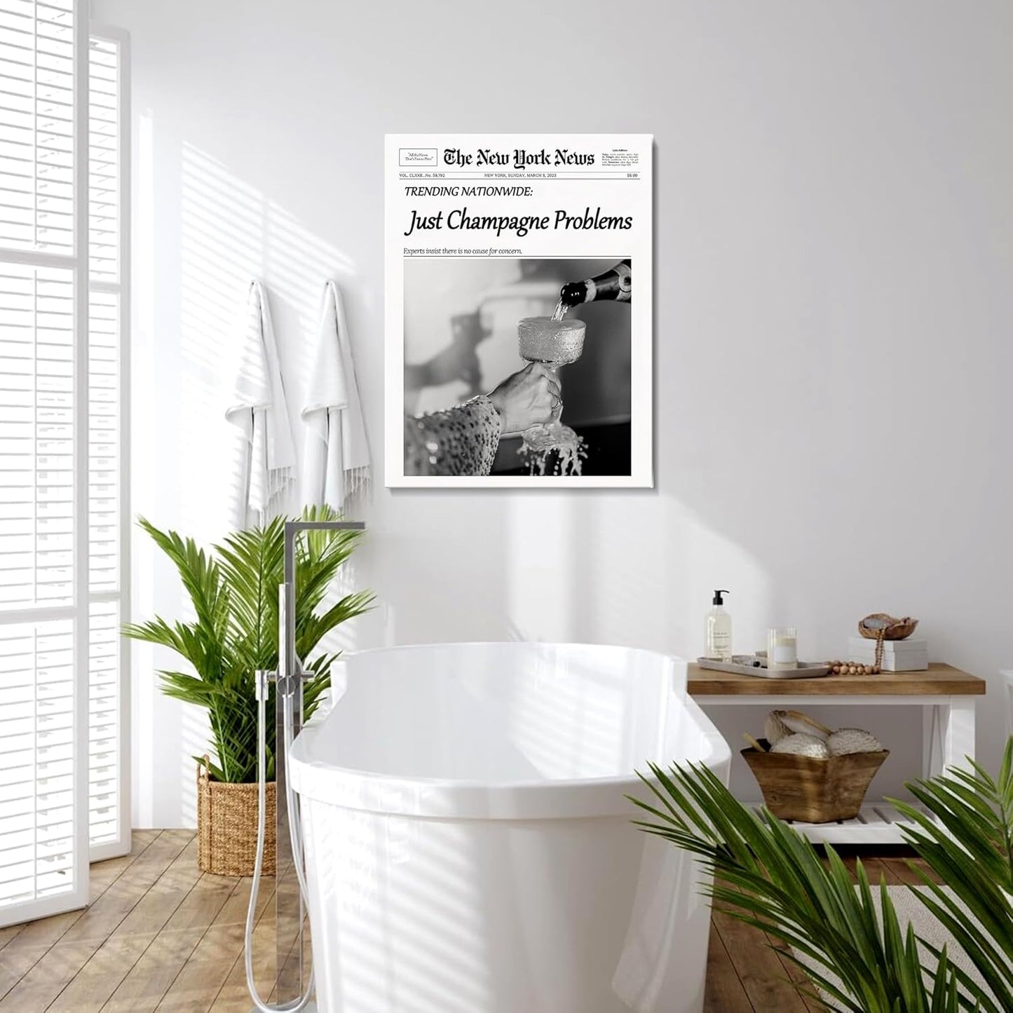 hottaacanvas 12x16 Champagne Problems Newspaper Framed Wall Art,Trendy Retro Black and White Wall Art for Bar Cart