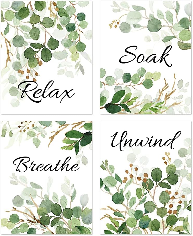 HLNIUC Green Leaf Art Print, Botanical Bathroom Quotes Wall Art Set of 4 (8X10inch, Unframed)