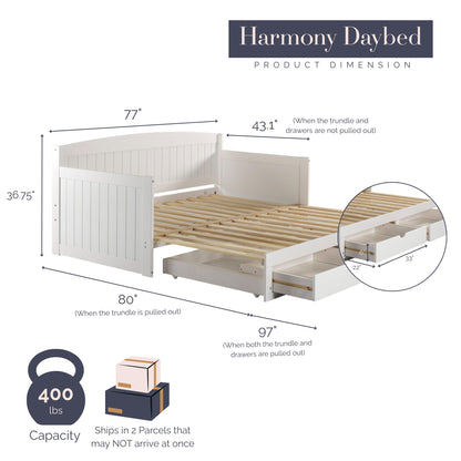 Alaterre Furniture Harmony Twin to King Daybed with Pop Up Trundle Bed - Solid Wood Twin Day Bed with 2 Pull-Out Storage Drawers and 400lb Capacity - For Kids, Guest Room, Living Room (White)