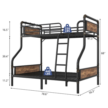 Jocoevol Metal Bunk Bed Twin Over Full, Industrial Bunkbeds Heavy Duty Bed with Safety Guard Rails and Space-Saving Design, Steel Bed for School, Bedroom (Vintage Brown)