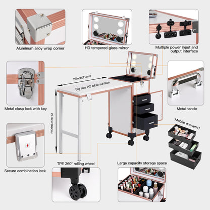 Rolling Portable Manicure Table with 3 Drawers, Lockable Makeup Train Case with Mirror & Nail Polish Organizer, Foldable Nail Desk with Wheels & Handle for Mobile Nail Techs & Salon Use,White