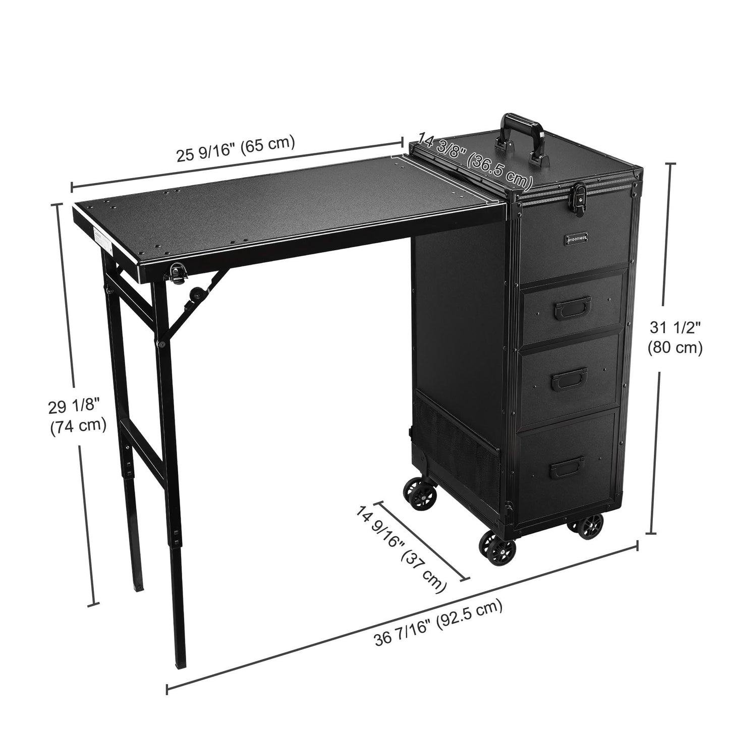 BYOOTIQUE Black Portable Nail Station with Storage Two-Way Removable Tabletop Foldable Manicure Desk Station on Wheels for Makeup Artisr Manicurist Beauty Salon Esthetician Barbershop Hairstylist