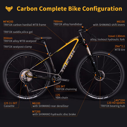 TRIFOX Carbon Fiber Mountain Bike with Shimano M6100 Deore Groupset 12-Speed,Carbon Fiber Frame,Hydraulic Fork 130mm Travel,29er Mountain Bike for Adult 17/19 inch (Obsidian Yellow, 29er * 17 inch)