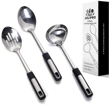 Stainless Steel Cooking Spoons Set – Includes Slotted Spoon, Serving Spoon & Soup Ladle, Heat-Resistant, Dishwasher Safe, Ergonomic Handles for Home & Commercial Use