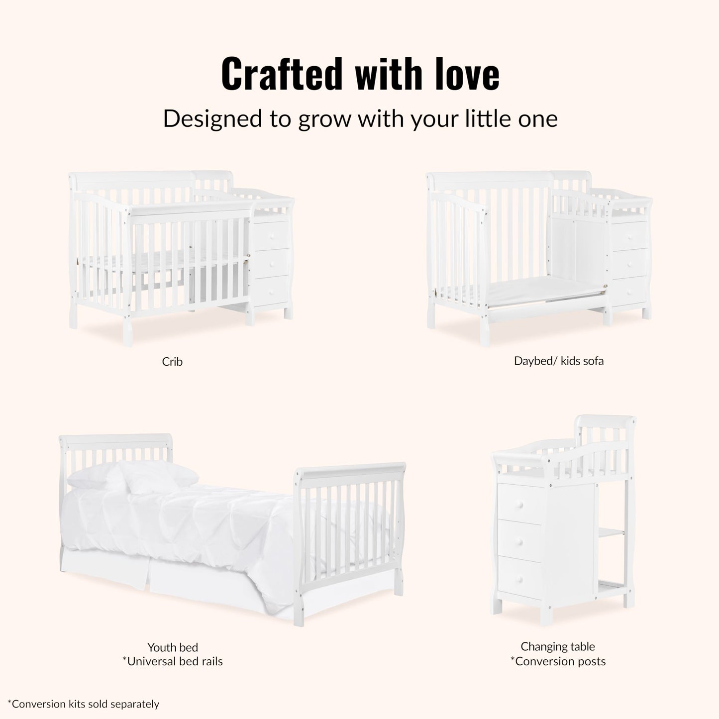 Dream On Me Jayden 4‑in‑1 Mini Convertible Baby Crib & Changer with Storage in White, Pinewood, GreenGuard Gold & BSA, 1” Mattress Pad, 3 Mattress Heights, Converts to Mini Day & Twin-Size Bed