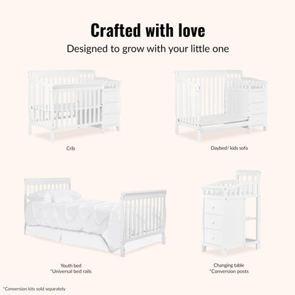 Dream On Me Jayden 4‑in‑1 Mini Convertible Baby Crib & Changer with Storage in White, Pinewood, GreenGuard Gold & BSA, 1” Mattress Pad, 3 Mattress Heights, Converts to Mini Day & Twin-Size Bed