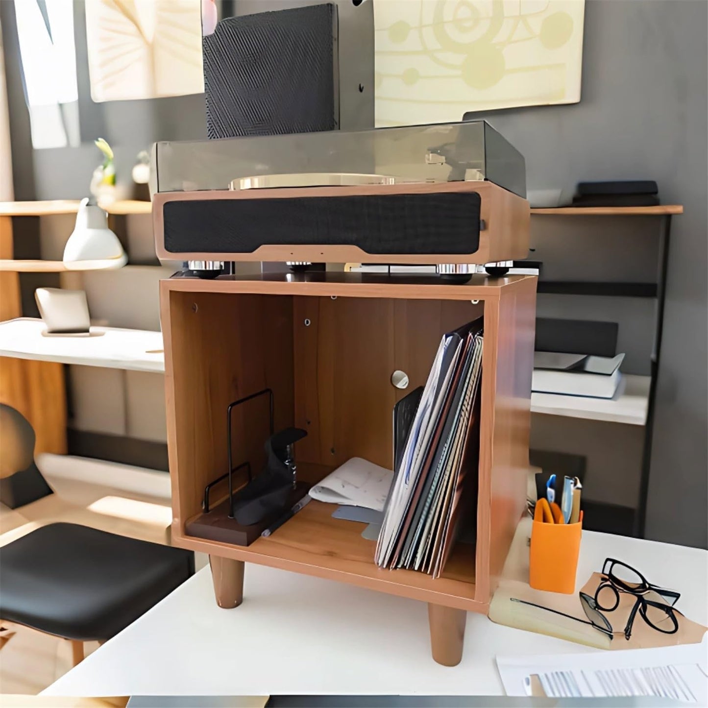 YUHUAWF Vinyl Record Holder Low Open CD Record Cabinet Wooden Storage Bookcase Bedside Table with Feet CD Holder