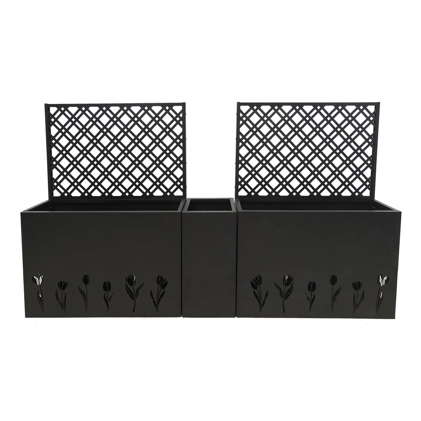 Pasirou 3-Piece Metal Planter Box wtih Trellis- Raised Garden Bed Set of 3 for Outdoor Indoor Use, Rust-Resistant Planter Box with Drainage Holes