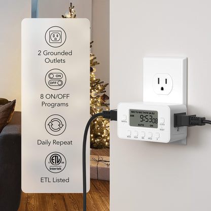 BN-LINK 7-Day Heavy Duty Digital Timer with Dual Outlet, LCD Display, 3-Prong Programmable Design, for Lights, Fans, Coffee Machine, Home, Kitchen, Office, Indoor Use, 125V 15A 1875W, 1 Pack
