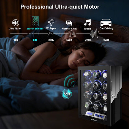 LELTNSOU Watch Winder for 12 Winding Spaces Automatic Watches, Ultra-Quiet Japanese Motors, Built-in LED Illumination and LCD Touchscreen Control
