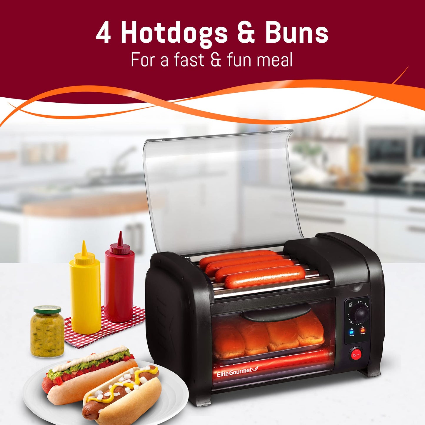 Elite Gourmet EHD-051BX Hot Dog Toaster Oven, 30-Min Timer, Stainless Steel Heat Rollers Bake & Crumb Tray, World Series Baseball, 4 Bun Capacity, Black