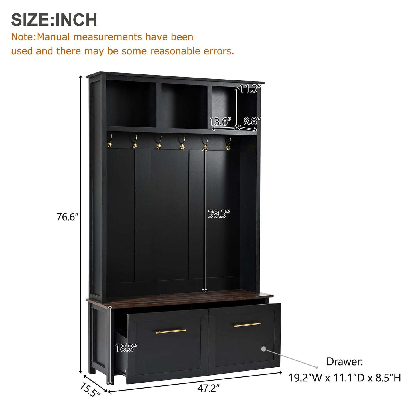 Merax 4-in-1 Hall Tree with Bench, Modern Versatile Multiple Storage Space with 6 Golden Hooks, 2 Drawers, Entryway Coat Rack for Living Room, Hallway, Black