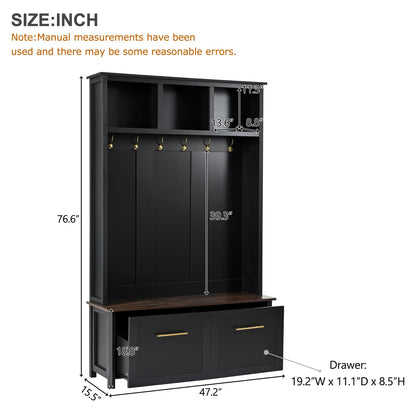 Merax 4-in-1 Hall Tree with Bench, Modern Versatile Multiple Storage Space with 6 Golden Hooks, 2 Drawers, Entryway Coat Rack for Living Room, Hallway, Black
