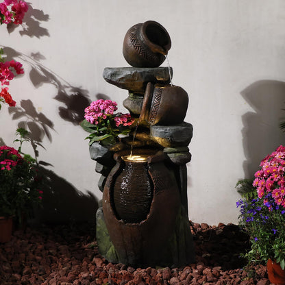Bumilgar 38.4" H Garden Water Fountain, 3-Tier Cascading Water Features with LED Light, Faux Terracotta Jar Design for Patio, Backyard, Deck, Porch, and Home Art Décor, Brown