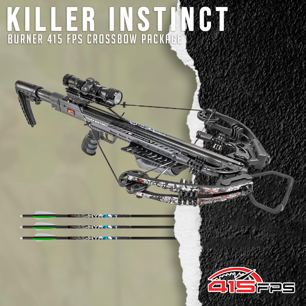 Killer Instinct Burner 415 FPS Crossbow Package (Gray Camo) with Crossbows Slayer Crossbow Case, 20-Inch Crossbow Bolts (6-Pack) and 100-Grain Hunting Broadheads (3-Pack) Bundle (4 Items)