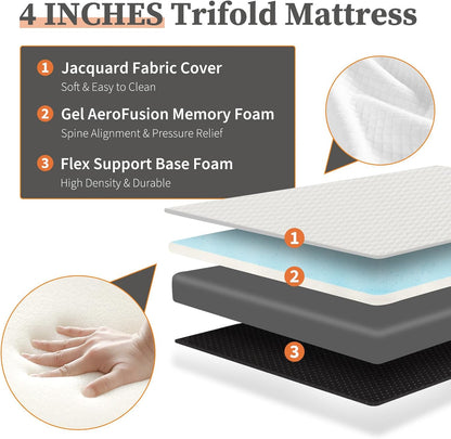 Sweetcrispy Tri-Fold Memory Foam Mattress - 4-Inch Portable Bed Pad for Travel, Camping & Yoga | Washable Cover