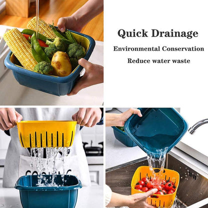 Colander Set with Strainer Bowl, Kitchen Colander with Lid Household Double Layer Fruit Washing Basket Multifunction Storage Containers for Fruits Vegetable (Blue)