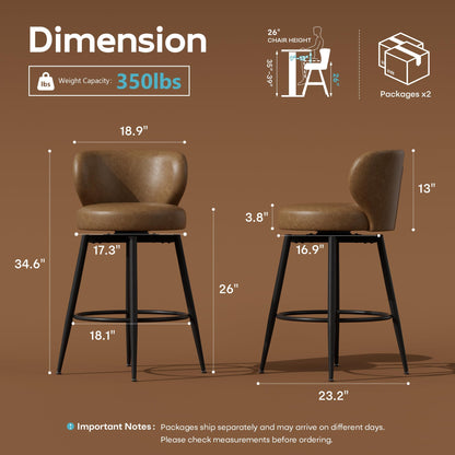Sucrever Bar Stools Set of 4, 26" Counter Height Swivel Leather Bar Stools, Upholstered Barstools with Back & Footrest Metal Legs, Stools for Kitchen Island, Home Bar, Dining Room Brown