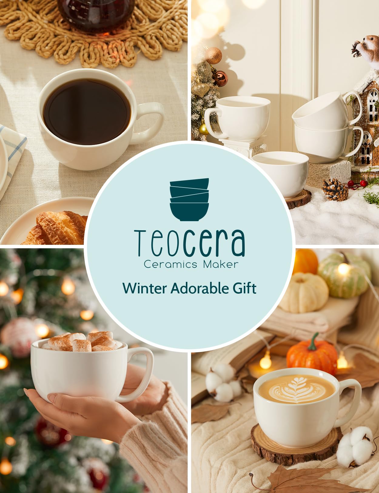 Teocera 16oz Large Coffee Mugs Set of 4 - Thick White Porcelain Cups for Cappuccino, Latte, Tea & Hot Chocolate - Dishwasher Safe Ceramic with Comfort Grip Handles
