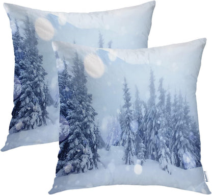 Batmerry Set of 2 Winter Pillow Covers 18x18 Inch, Majestic Mountains in Magical Snow, Double Sided