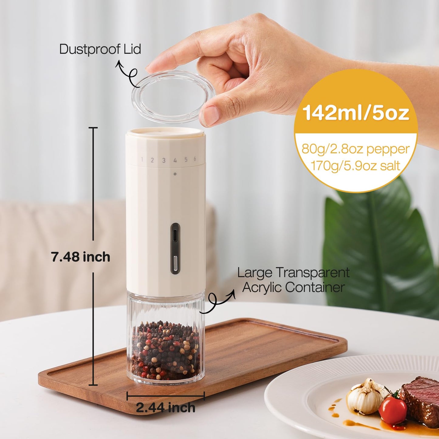 Vucchini 6 Level External Adjustable Electric Pepper Grinder Rechargeable Salt Grinder Type-C Quick Charge Large Capacity Spice Mill Acrylic Container for Home Kitchen