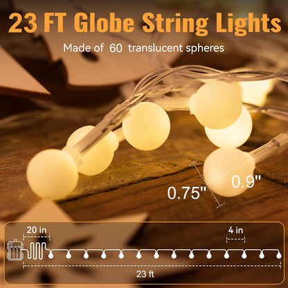 23ft 60 8 WERTIOO Globe String Lights Battery Operated LED Globe Lights with Remote, Modes & Timer Warm White String