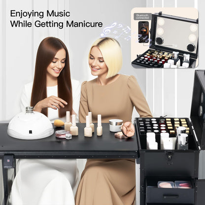 Portable Nail Desk for Nail Tech, Foldable Manicure Table with 3 Drawers & Mirror, Rolling Nail Table with Lockable Train Case, Nail Polish Organizer, Mobile Nail Tech Workstation with Wheels, Black