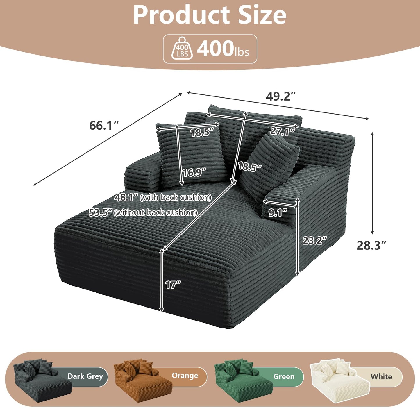 49.2"W Oversized Chaise Lounge Chair Indoor,Comfy Boneless Reading Chair with 3 Pillows, Luxurious Corduroy Fabric Single Cloud Sofa Chair for Living Room & Bedroom,No Assembly Required,Dark Grey