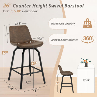LUE BONA 360° Swivel Bar Stools Set of 4, 26 Inch Counter Height Bar Stools, Modern Faux Leather with Enlarged Seats, Metal Legs for Kitchen Island, Dining, Vintage Brown