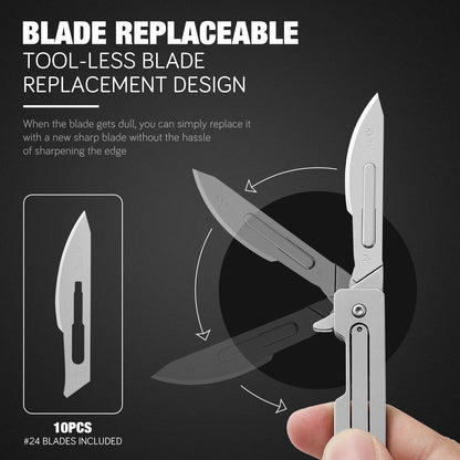 KUQIME Men's Outdoor Interchangeable Blade Folding Knife with 10#11 Carbon Steel Surgical Blades - Men's Multi-Purpose EDC Tool for Precision Cutting, Crafting, and Everyday Carry (20 grams)