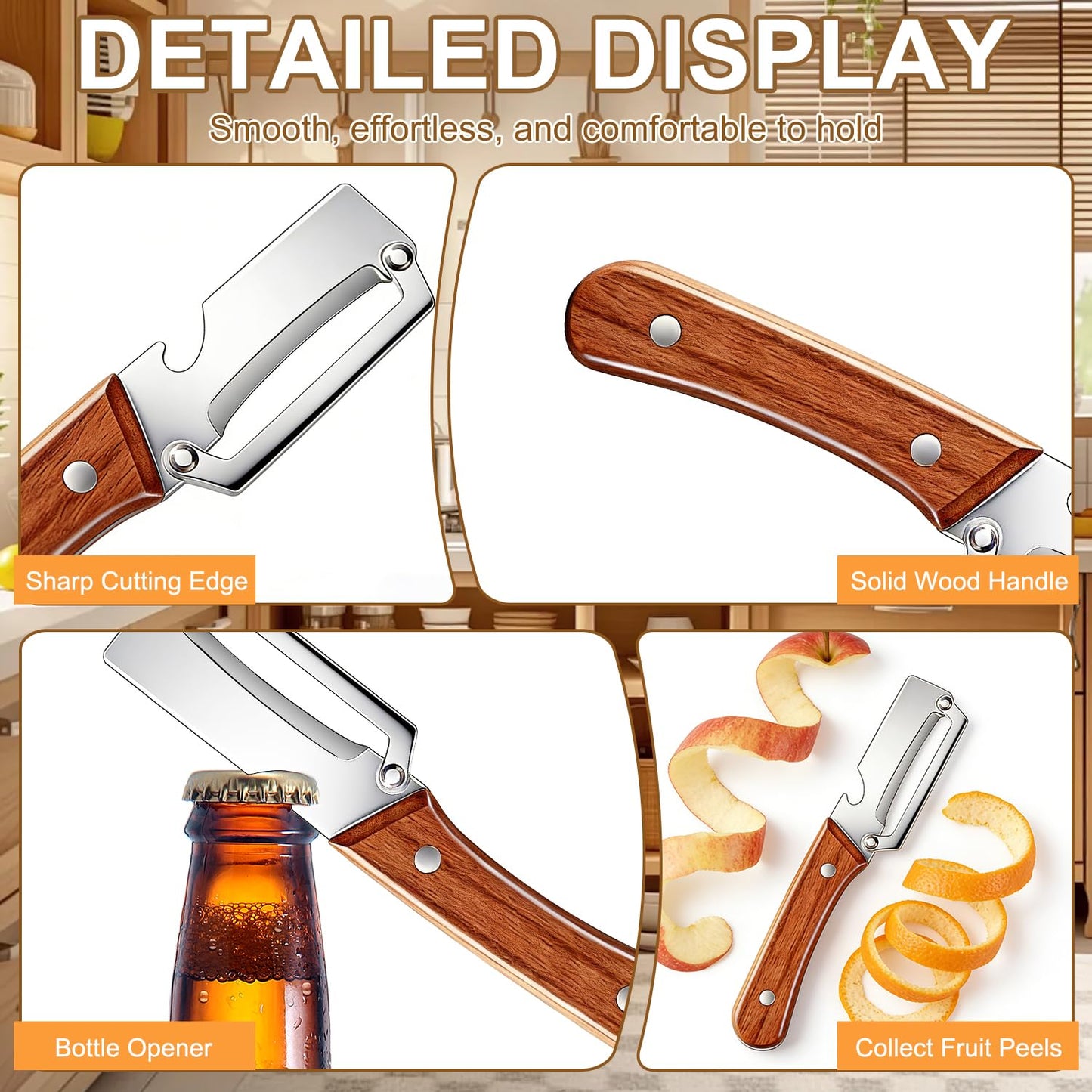 Multi-Functional Vegetable Peeler for Kitchen, With Wooden Handle and Bottle Opener, Comfortable and non-slip handle Stainless Steel Blade Easy to Clean for Fruit Potato Pumpkin Papaya (2 PCS)