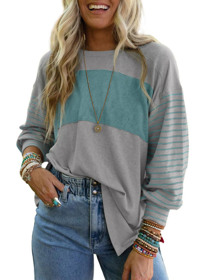 Dokotoo Long Sleeve Tops Oversized 2025 Trendy Round Crew Neck Casual Color Block Womens Shirts Blouses