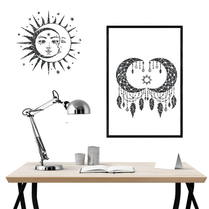 9 Pieces Large Mandala Sun and Moon Stencil Butterfly Flower Tree Paint Stencils for Crafts Reusable Templates Star Celestial Stencils for Painting Wood Wall Furniture Home Decor (Sun Moon)
