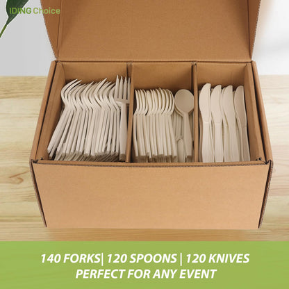 IDING Choice 380 Count Heavy Duty Compostable Cutlery Set 140 plastic forks 120 spoons 120 knives eco-friendly no plastic silverware compostable utensils for Weddings, Parties, Office, Camping, Picnic