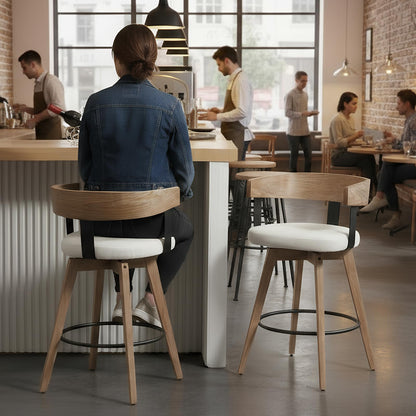 DUOMAY Swivel Bar Stools Set of 2, 26" Counter Height Bar Stool with Footrest Modern Wood Barstools with Linen Upholstered Seat Counter Stools for Kitchen Island Home Bar, White