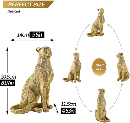 8" Cheetah Statue for Home Decor, Resin Sitting Leopard Sculpture, Gold Desktop Decoration for Living Room, Dining