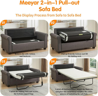 Meeyar 57 inches Loveseat Sleeper Sofa, 2-in-1 Pull-Out Couch Bed with High-Density Sponge Mattress for Small Apartment, Living Room, Guest Room,Grey