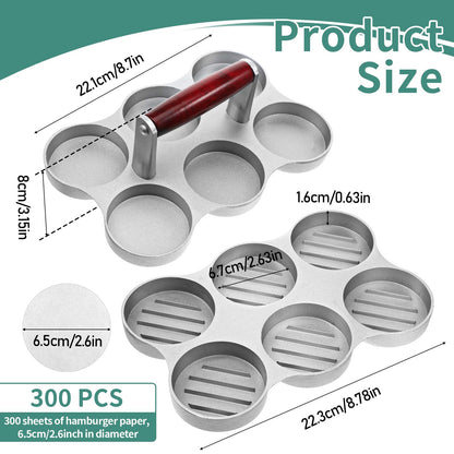 AOZUO Mini Burger Press Small Meat Patty Maker with 300 Patty Papers and 6 Round Shape Press Patty Maker for Mini Hamburger, Barbecue, Picnic, Camping, Six 2.64-inch Slots, 6 Pieces at Once
