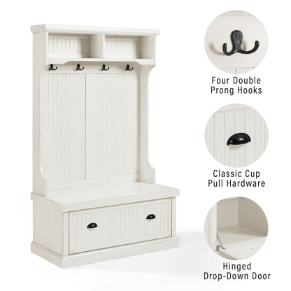 Crosley Furniture Seaside Hall Tree with Shoe Rack Bench and Coat Hooks for Hanging Storage, Distressed White
