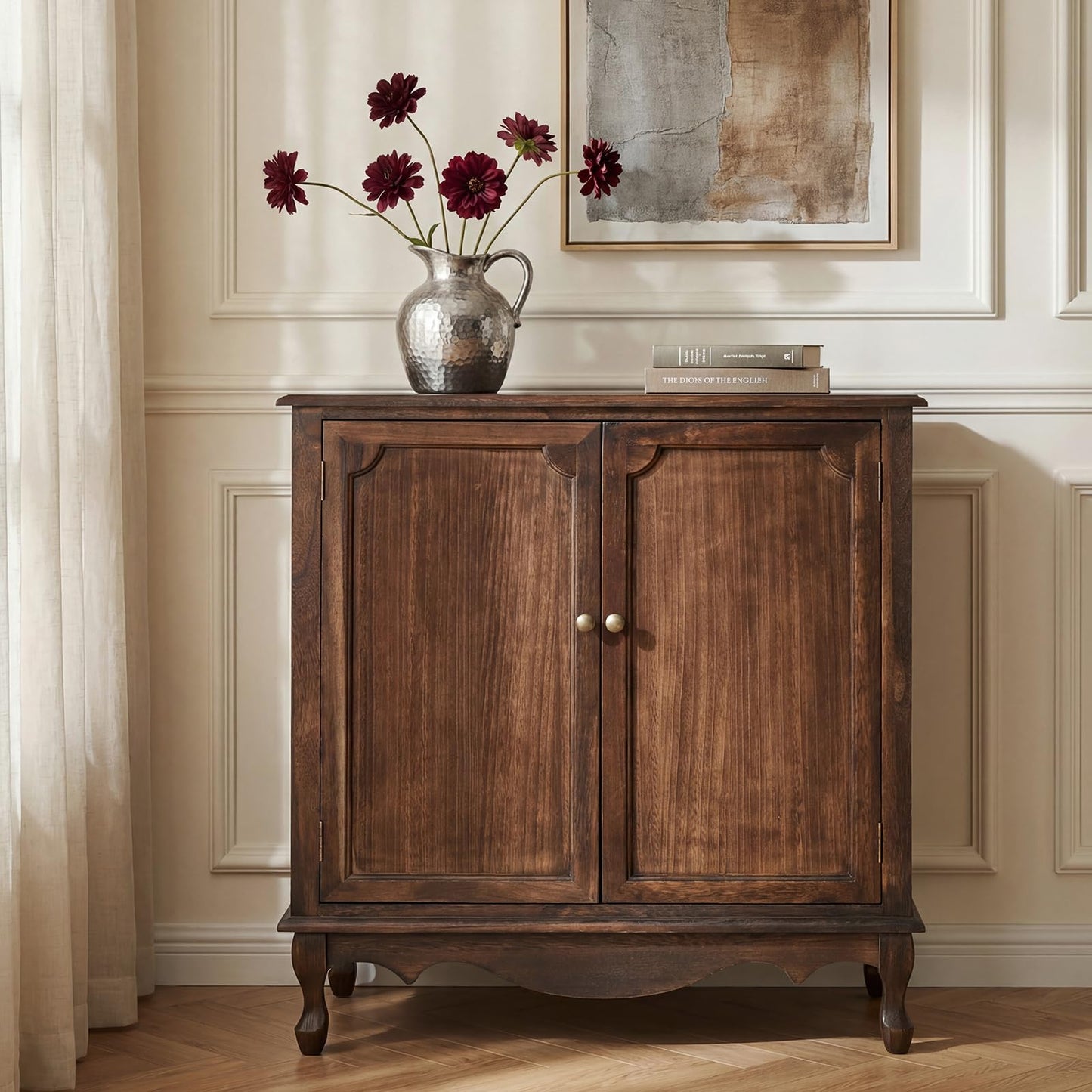 The support you need Solid Wood Sideboard with Adjustable Feet, 2 Shelves Storage Accent Cabinet with Double Doors, Farmhouse Buffet for Living Room, Dining Room & Entryway, Walnut