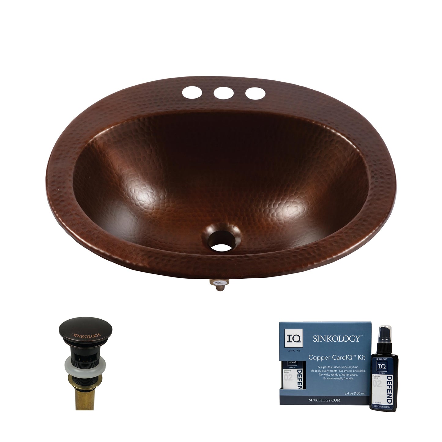 Sinkology Seville 20" Oval Drop-In Bathroom Sink - Aged Copper - Hand-Hammered Pure Solid Copper - Small Bathroom Sink with Drain and Care Kit