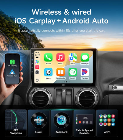 Car Radio Stereo Upgrade for Jeep Wrangler JK Compass Grand Cherokee Dodge Ram with Wireless CarPlay/Android Auto/10.2'' TouchScreen/Android13/GPS Navigation/Backup Camera (New-HC-Jeep 2+32G)