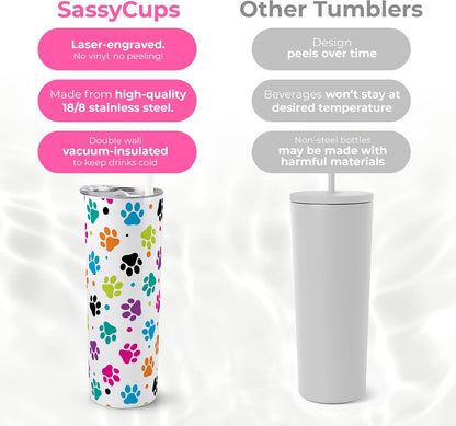 SassyCups 20 oz Vacuum Insulated Stainless Steel Tumbler with Dog Paw Print, Includes Straw and Lid
