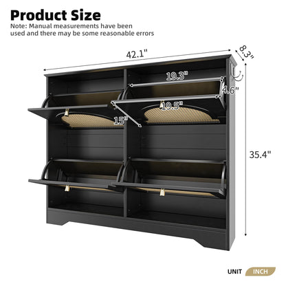 Merax Shoe Cabinet Storage with 4 Flip Drawers, Free Standing Shoes Organizer with 4 Rattan Doors for Entryway, Narrow Tipping Bucket Rack, with 2 Hooks, Black