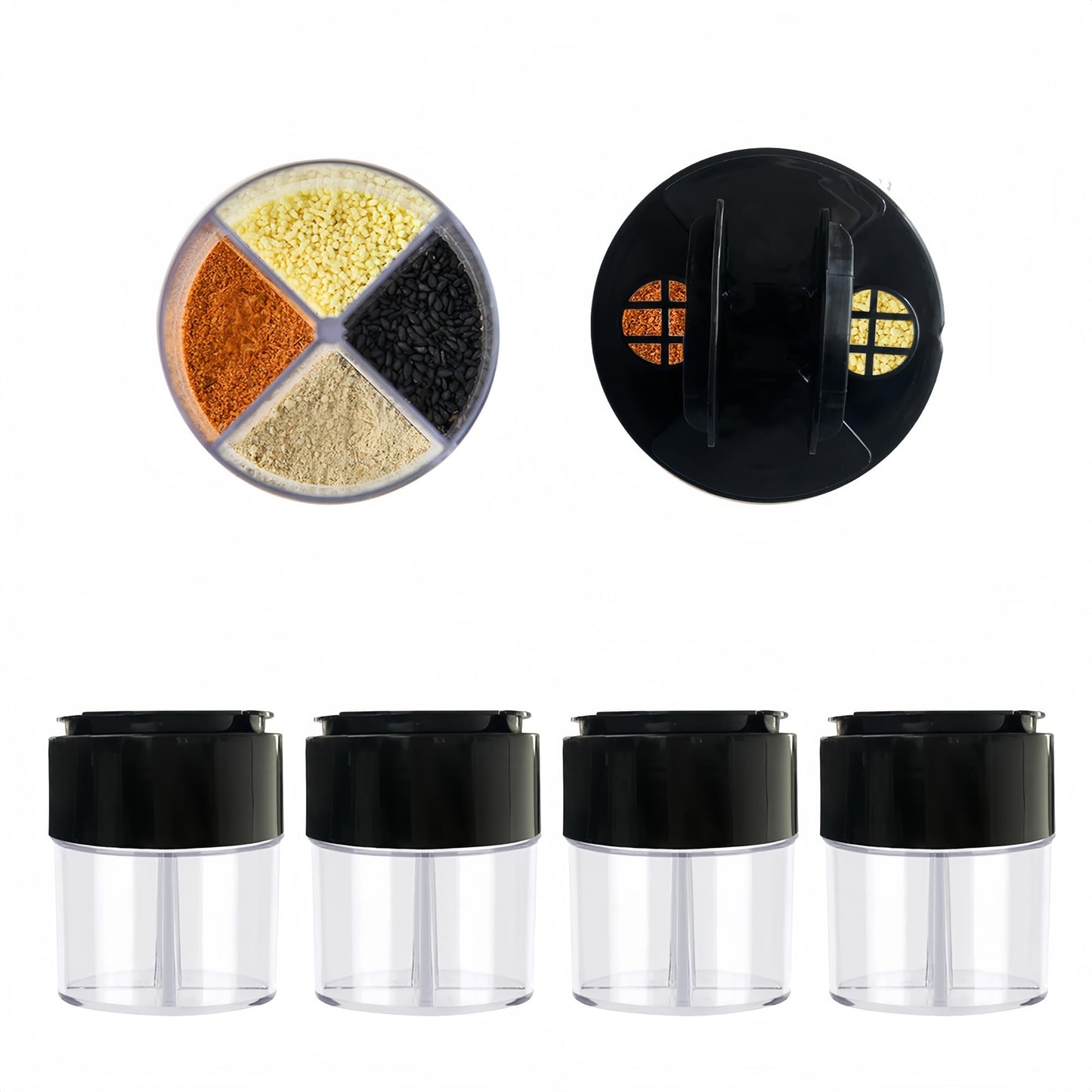 4-Pack 4 in 1 Salt and Pepper Shaker Jars Bottles, 4-Grid Flip Lid Spice Jars - Cylindrical Empty Plastic Seasoning Containers with Transparent Body for Travel Camping BBQ Kitchen Cooking (Black)
