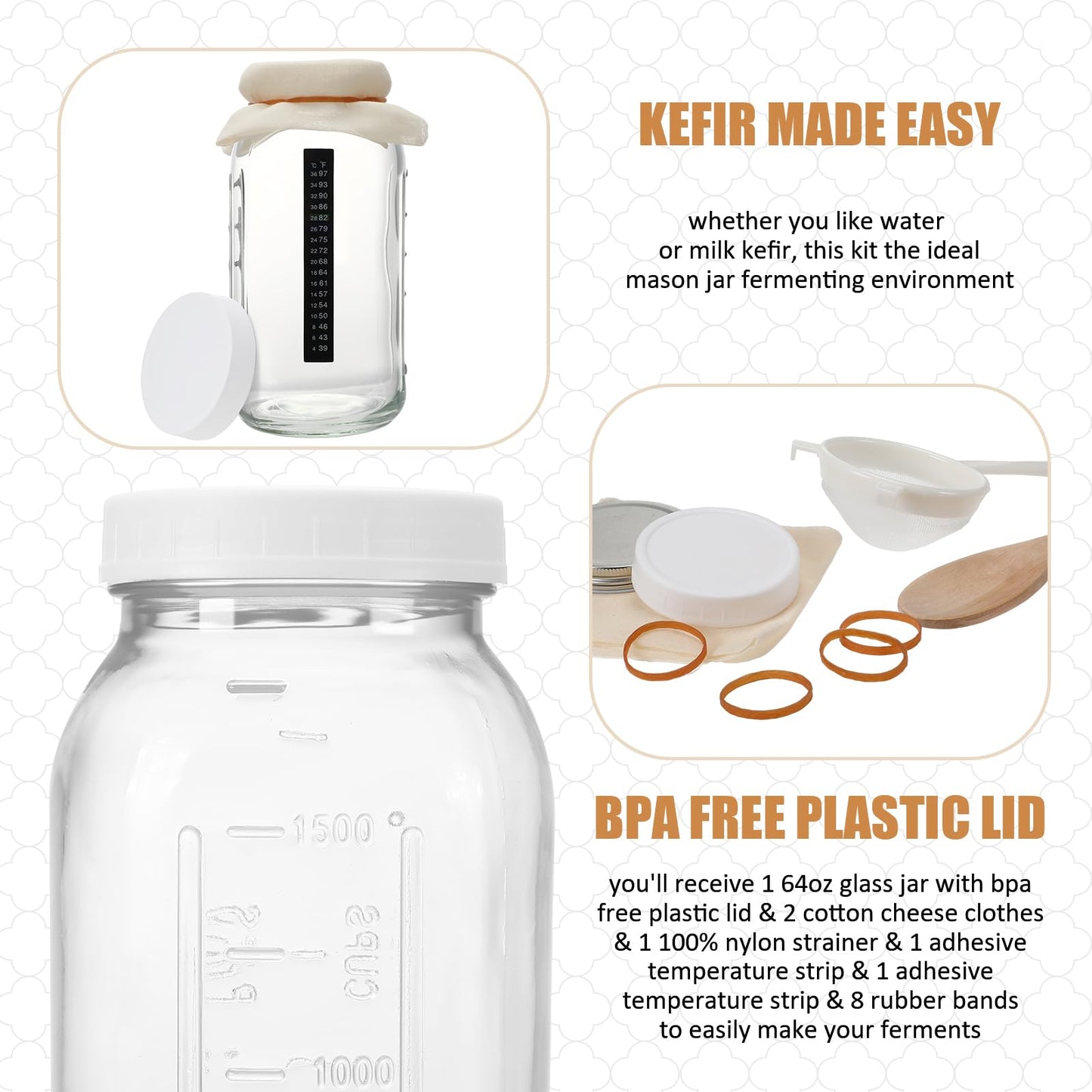 Honeydak 8 Pcs Complete Kefir Starter Kit Kombucha Fermenter Kit Half Gallon 64oz Mason Jar Wide Mouth with Plastic Storage Lid Nylon Mesh Strainer Cotton Cloth Cover and Wood Spoon