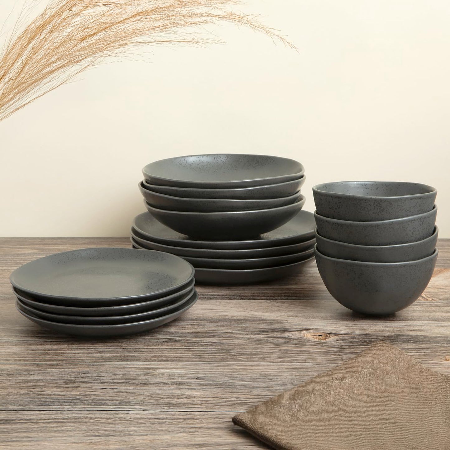 Trasa Home by Larder & Vine, Eco-Friendly High Fired Artisan Stoneware, Organic & Modern Dinnerware, 16 piece set, 4 place settings (Charcoal)